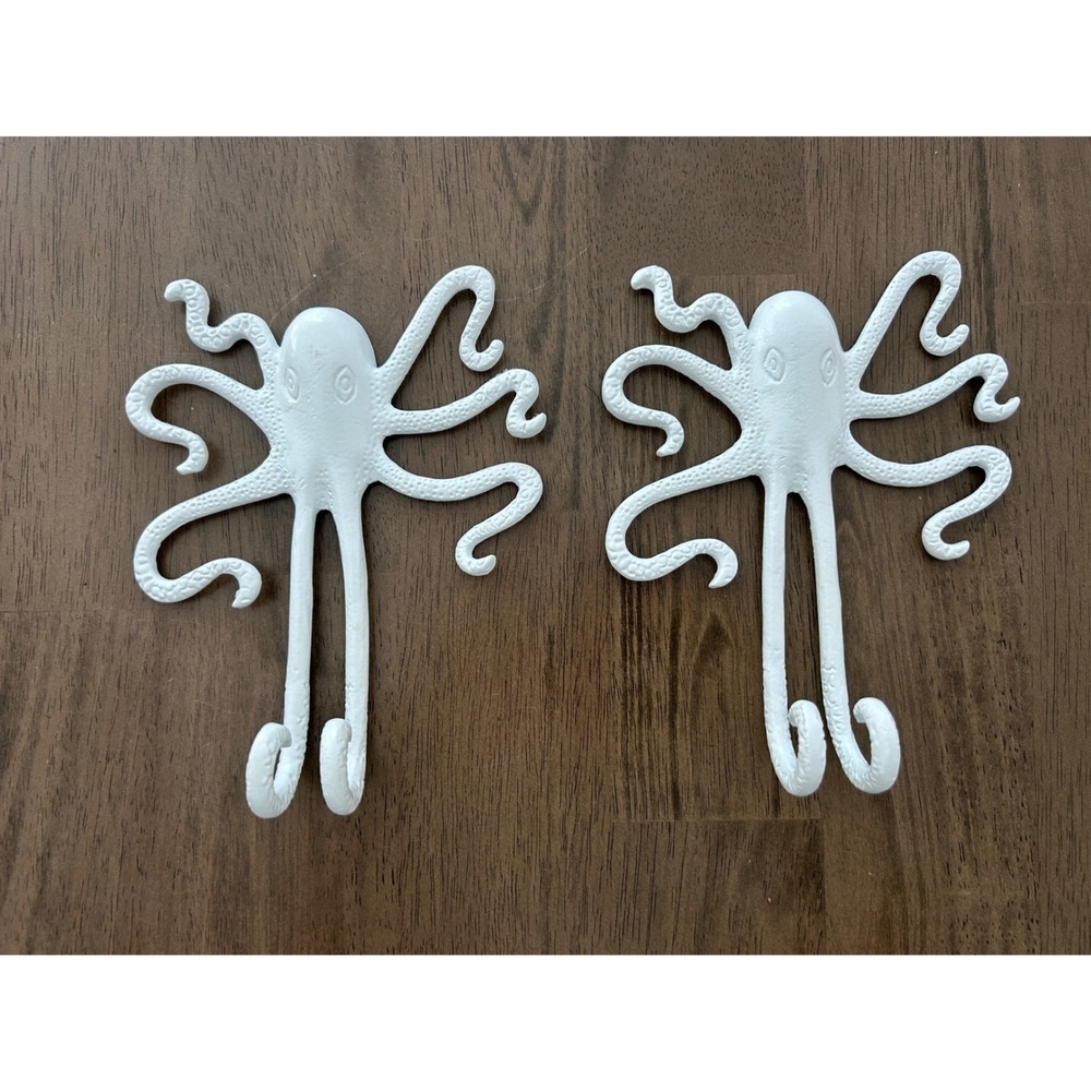 White Octopus Metal Wall Hooks Set of 2 Nautical Coastal Decorative Hangers